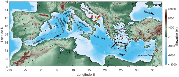 Station map of the Med-SHIP repeated cruises (N-S and W-E) carried out between 2011 and 2022. From Schroeder et al, submitted.